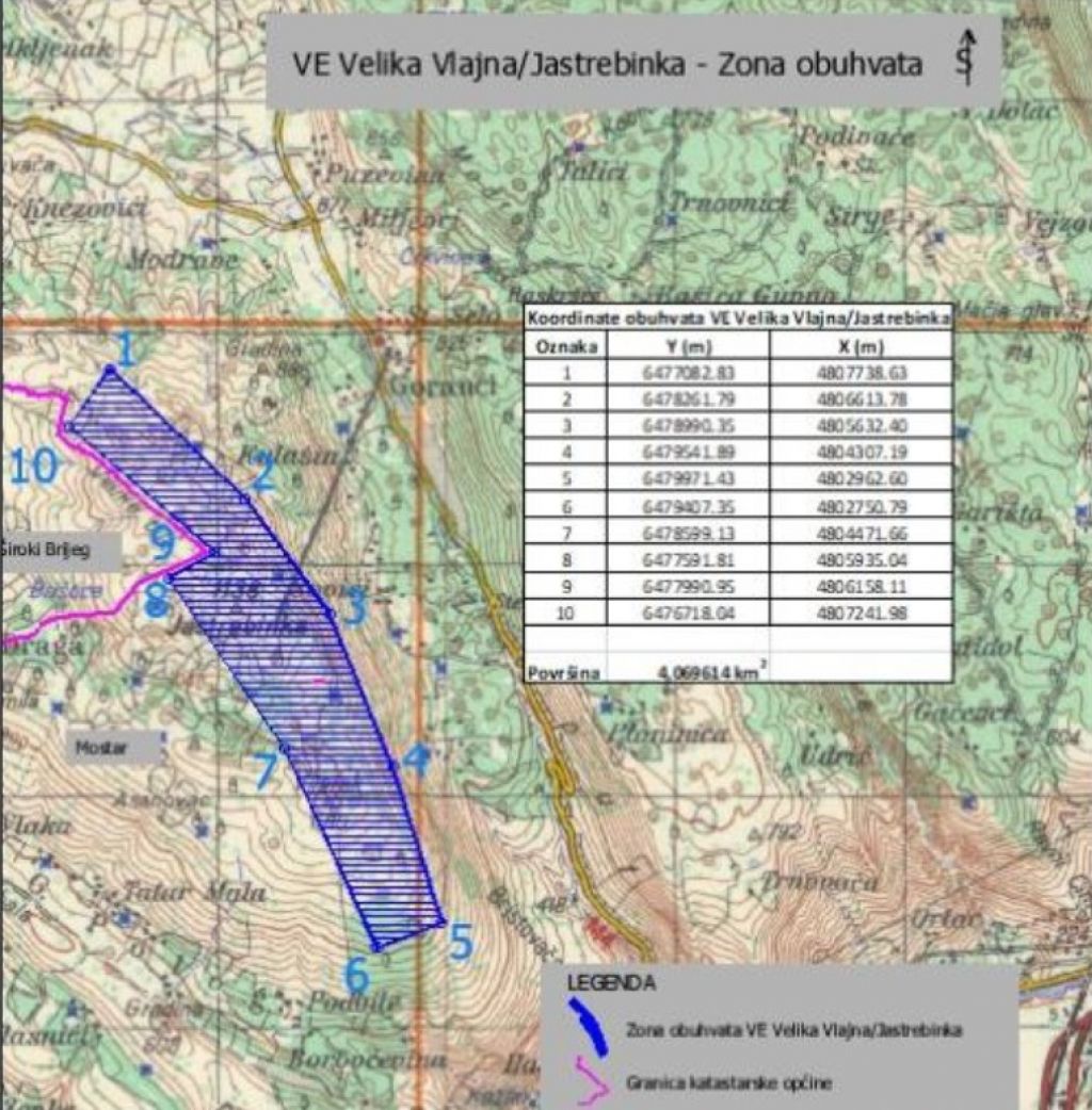 Predviđena lokacija vjetroelektrane Velika Vlajna/Jastrebinka